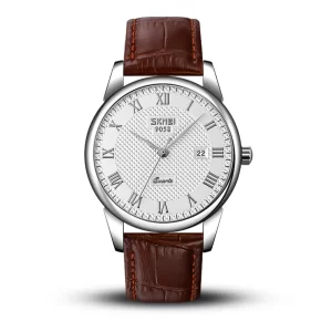 Skmei 9058 White Dial Brown Leather Belt Analog Men’s Watch