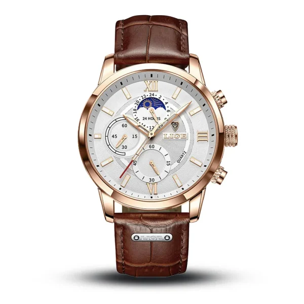 Lige 8932 White Roman Dial Brown Leather Belt Analog Men’s Watch