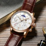 Lige 8932 White Roman Dial Brown Leather Belt Analog Men’s Watch - Image 2