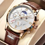 Lige 8932 White Roman Dial Brown Leather Belt Analog Men’s Watch - Image 3
