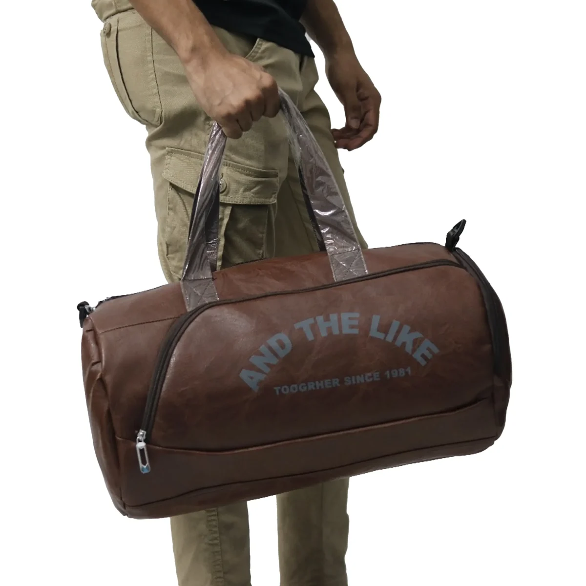 PU Leather Duffel & Gym Bag with Shoe Compartment - Coffee - Image 2