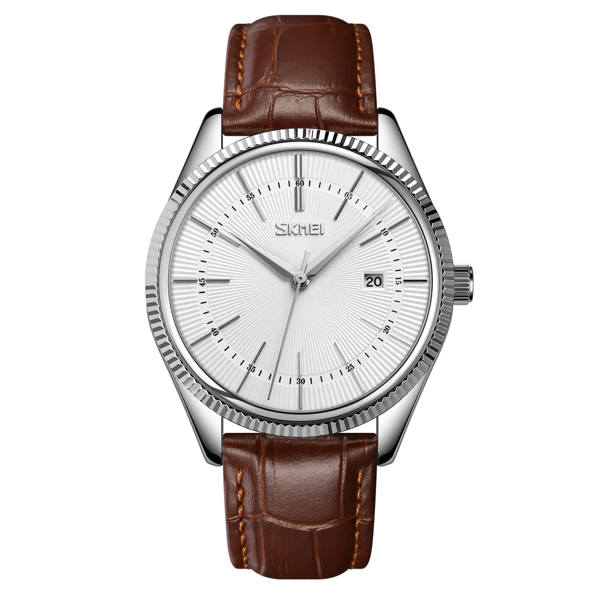 Skmei 9298BR White Dial Brown Leather Analog Men’s Watch - Image 1