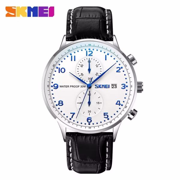 Skmei 9301BU White Dial Black Leather Analog Men’s Watch