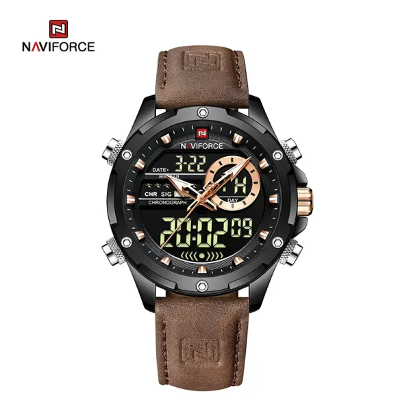 Naviforce NF9208 Black Dial Brown Leather Digital Analog Men’s Watch