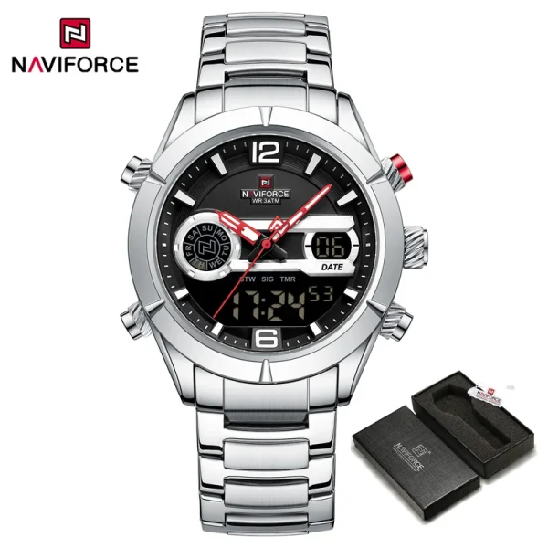 Naviforce 9232 Black Dial Stainless Steel Strap Digital Analog Men’s Watch
