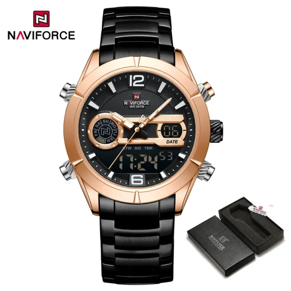 Naviforce 9232 Black Dial Stainless Steel Strap Digital Analog Men’s Watch